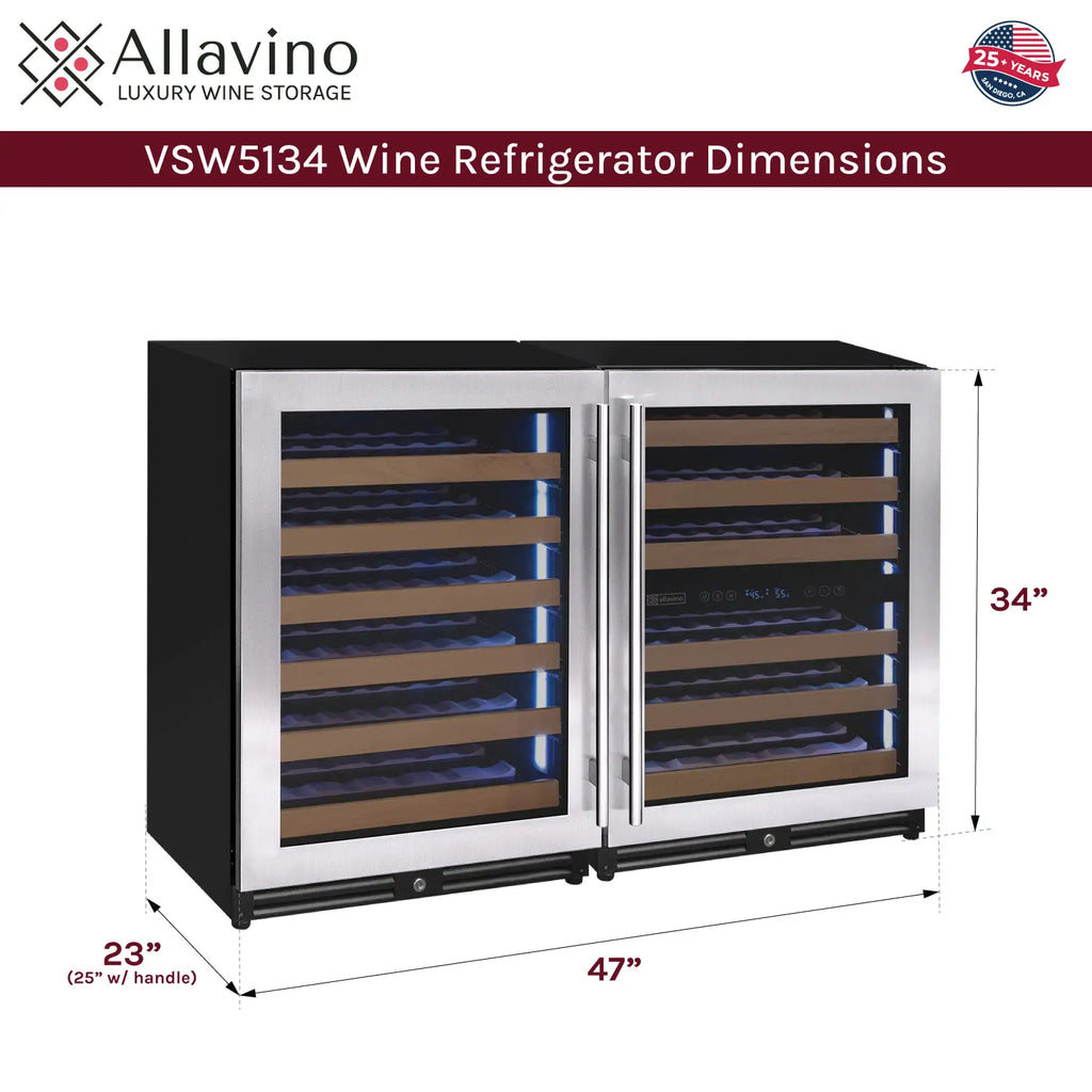 Allavino Reserva Series 112 Bottle Three Zone Undercounter Wine Refrigerator Cooler with Stainless Steel Doors - Side-by-Side