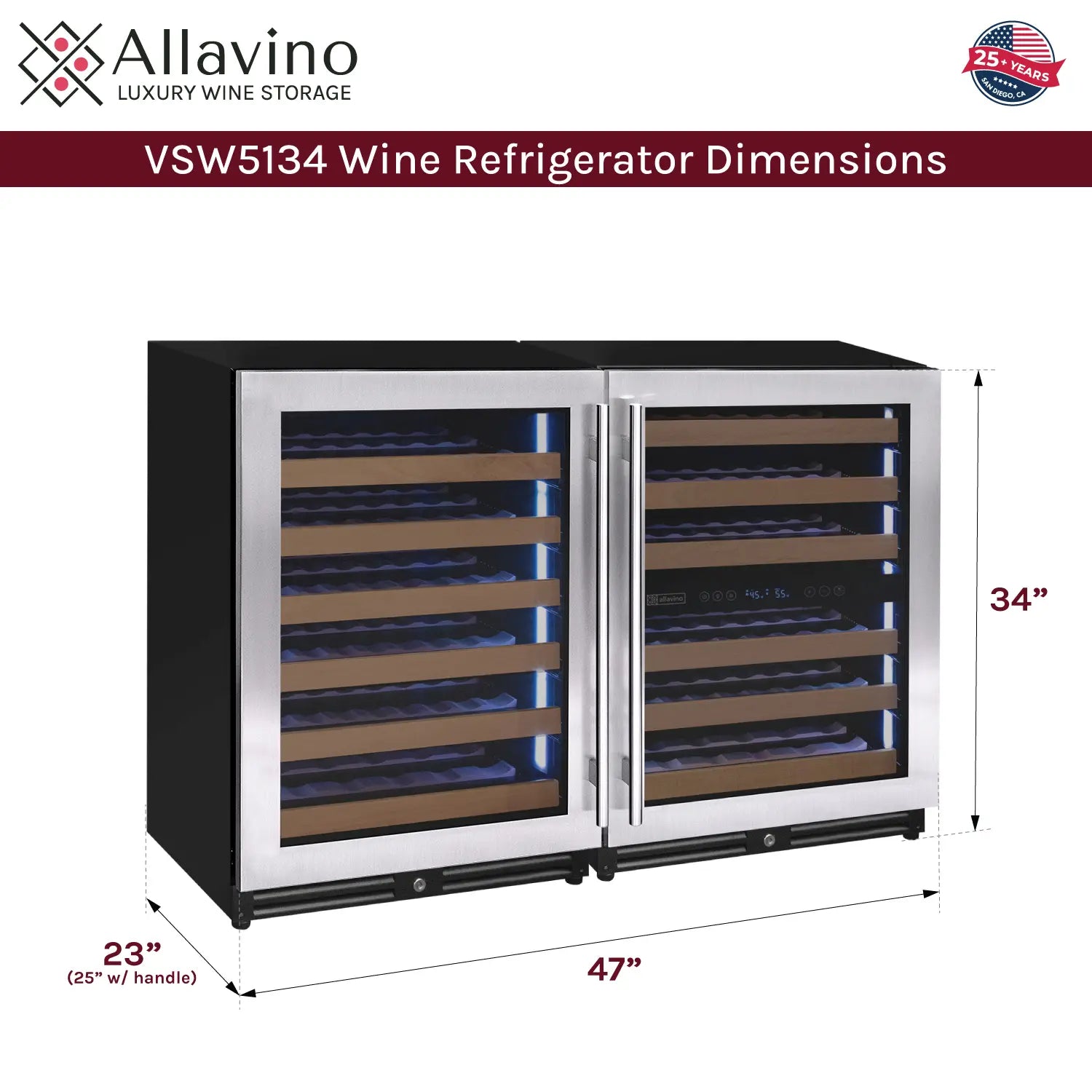 Allavino Reserva Series 112 Bottle Three Zone Undercounter Wine Refrigerator Cooler with Stainless Steel Doors - Side-by-Side