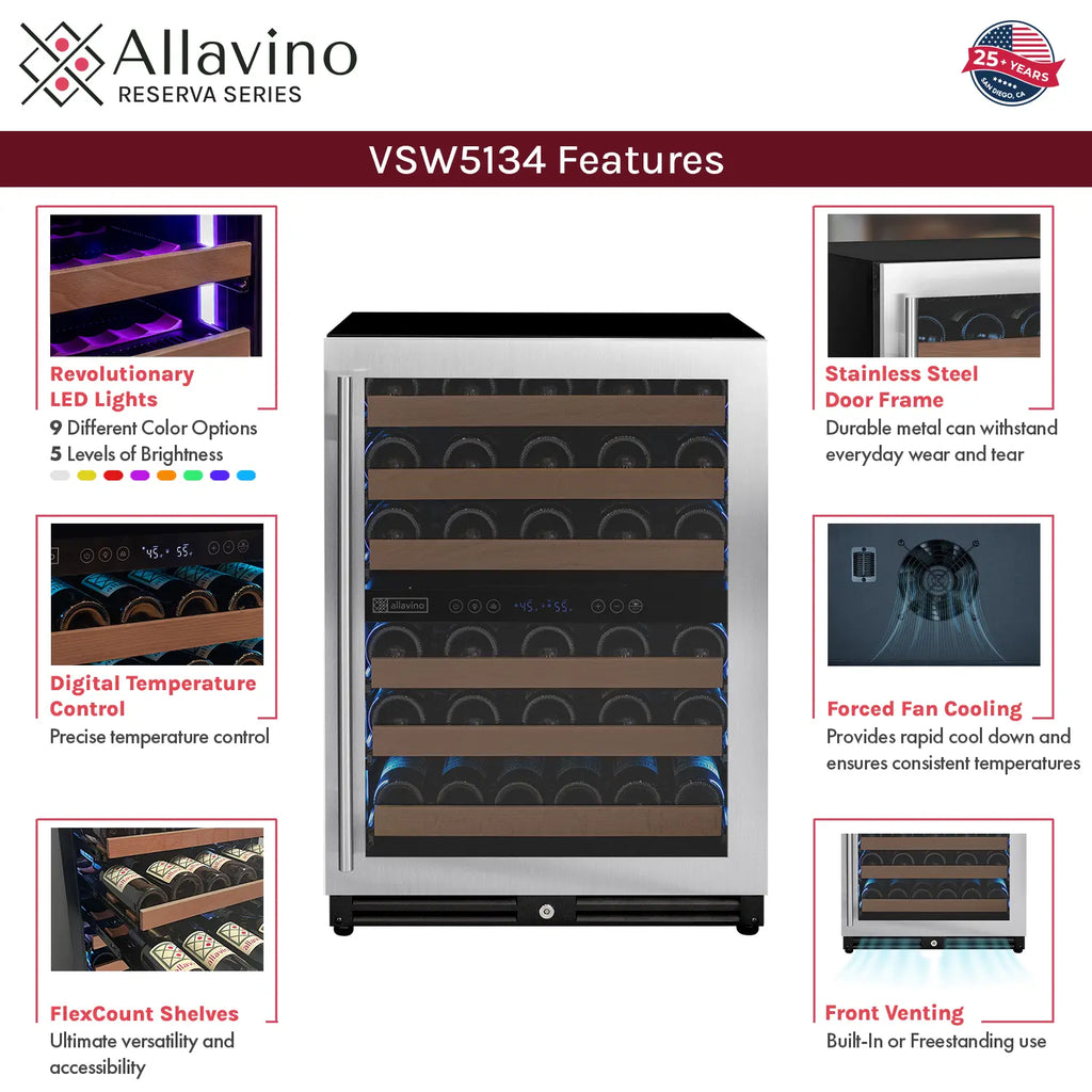 Allavino Reserva Series 112 Bottle Three Zone Undercounter Wine Refrigerator Cooler with Stainless Steel Doors - Side-by-Side