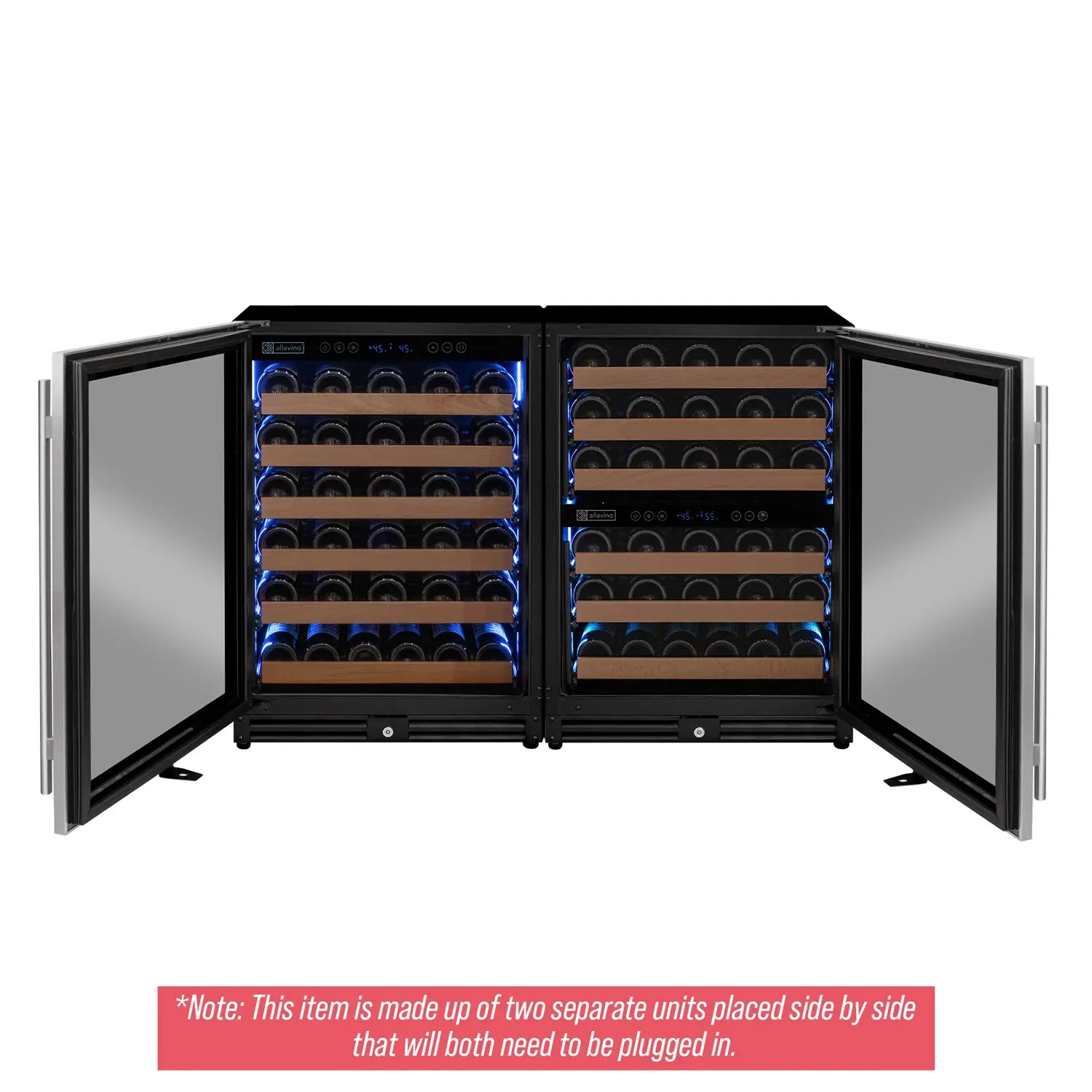 Allavino Reserva Series 112 Bottle Three Zone Undercounter Wine Refrigerator Cooler with Stainless Steel Doors - Side-by-Side