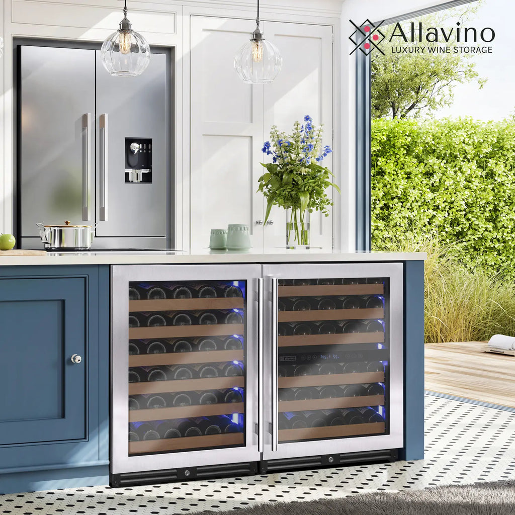 Allavino Reserva Series 112 Bottle Three Zone Undercounter Wine Refrigerator Cooler with Stainless Steel Doors - Side-by-Side