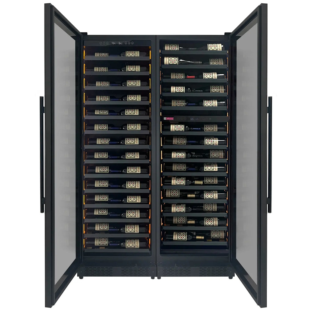 Allavino Reserva Series 134 Bottle Three Zone Tall Shallow Side-by-Side Wine Refrigerators with Black Doors
