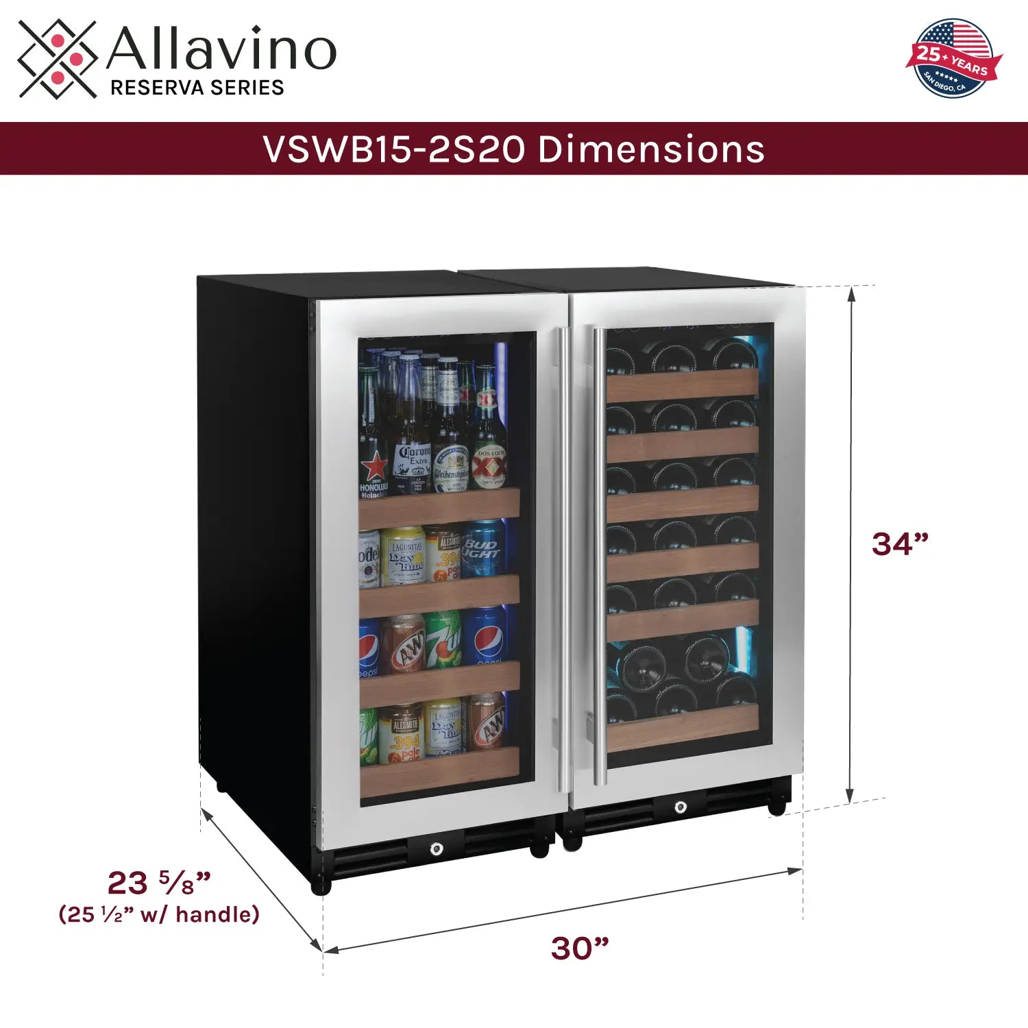 Allavino FlexCount Series 30 Bottle/88 Can Dual Zone Side-by-Side Wine Refrigerator/Beverage Center with Stainless Steel Doors