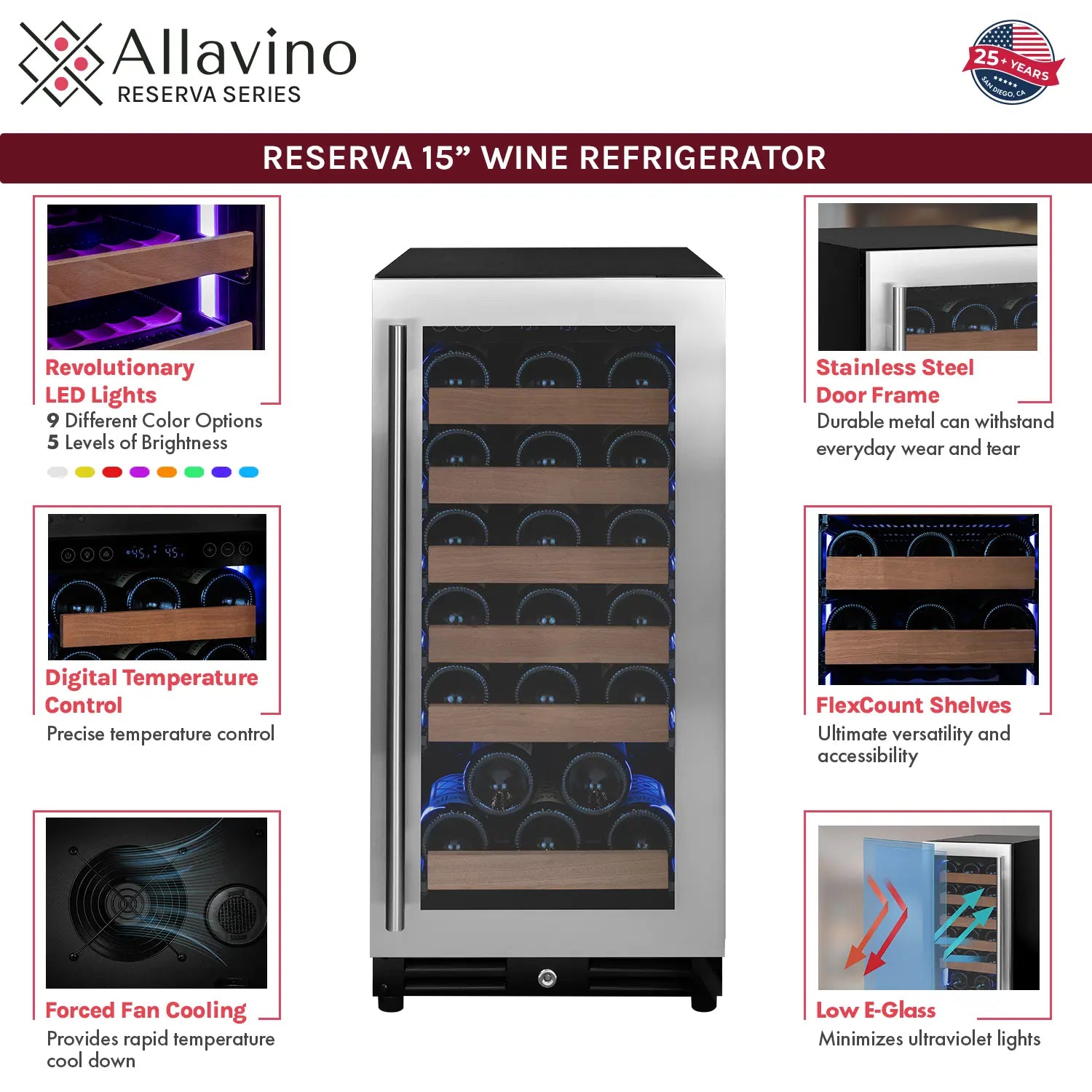 Allavino FlexCount Series 30 Bottle/88 Can Dual Zone Side-by-Side Wine Refrigerator/Beverage Center with Stainless Steel Doors