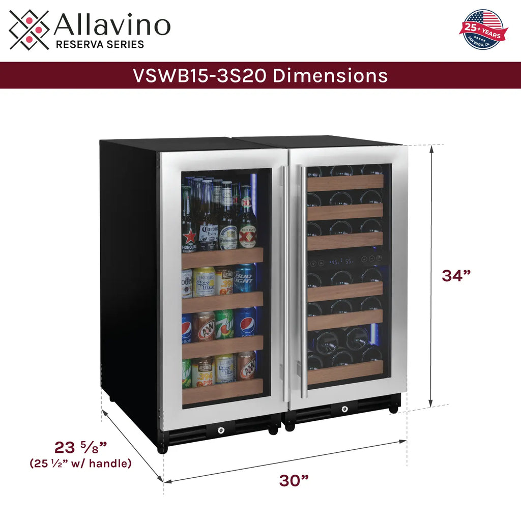 Allavino FlexCount Series 30 Bottle/88 Can Dual Zone Side-by-Side Wine Refrigerator/Beverage Center with Stainless Steel Doors