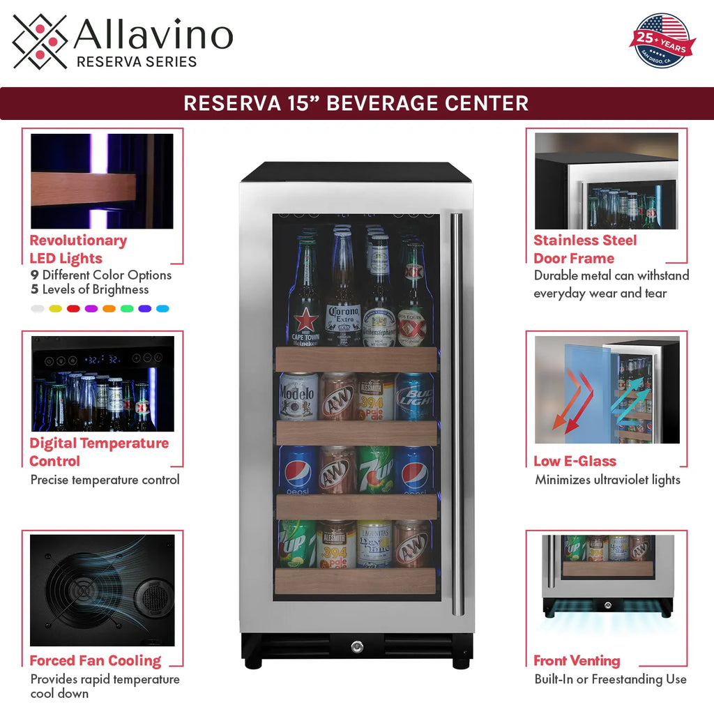 Allavino FlexCount Series 30 Bottle/88 Can Dual Zone Side-by-Side Wine Refrigerator/Beverage Center with Stainless Steel Doors