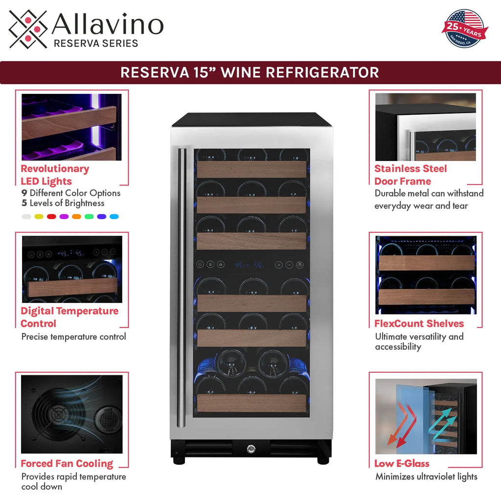Allavino FlexCount Series 30 Bottle/88 Can Dual Zone Side-by-Side Wine Refrigerator/Beverage Center with Stainless Steel Doors