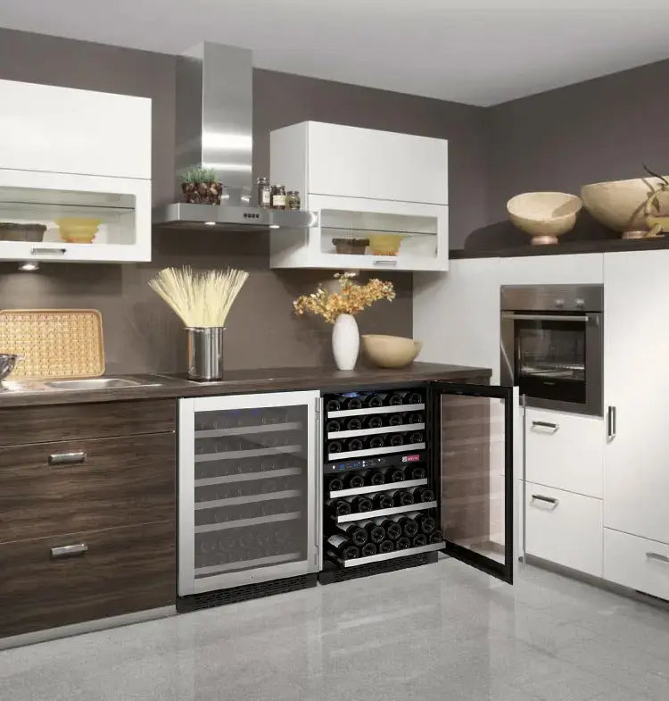 Allavino FlexCount Series 112 Bottle Three Zone Built-in Side-by-Side Wine Refrigerators with Stainless Steel Doors