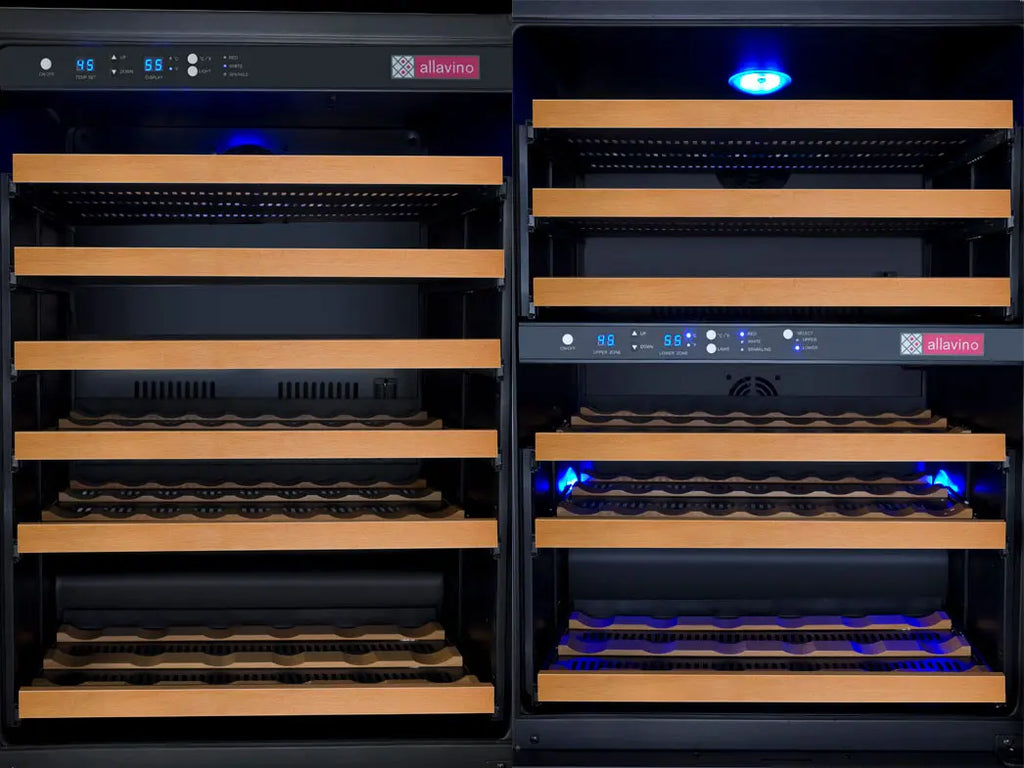 Allavino FlexCount Series 112 Bottle Three Zone built-in Side-by-Side Wine Refrigerators with Black Doors