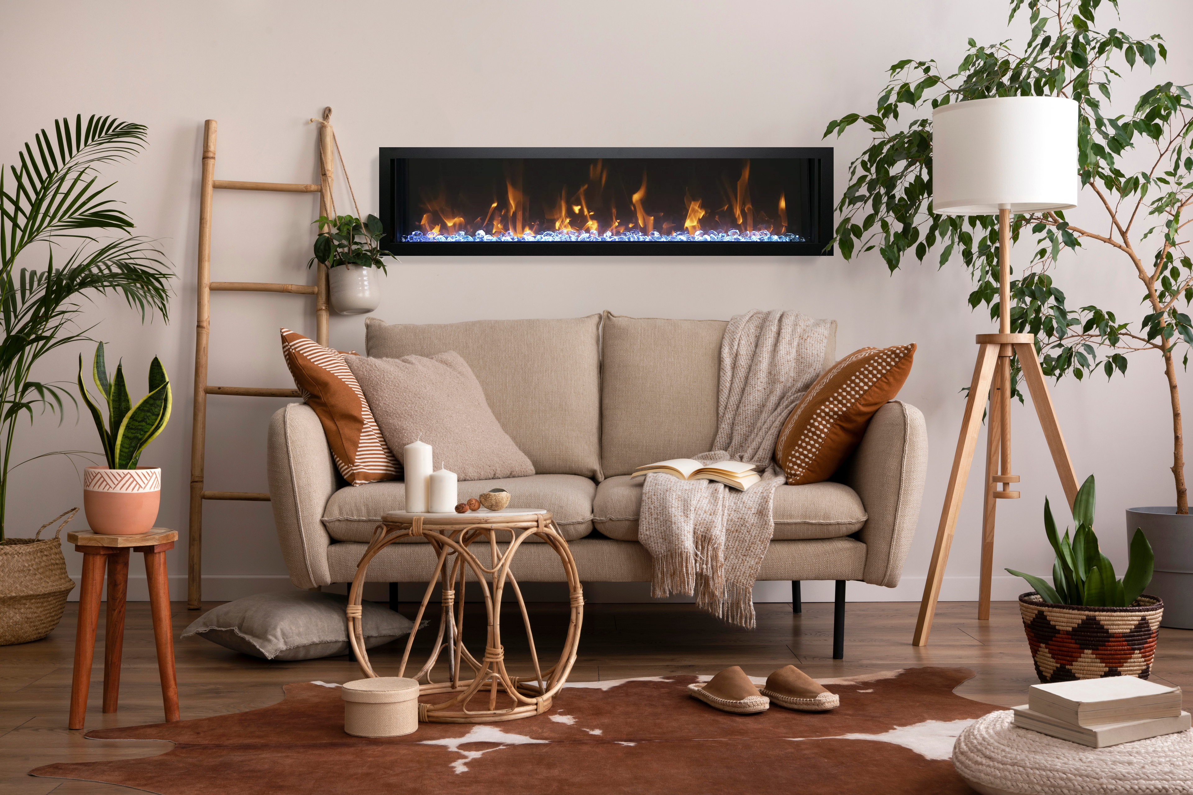 Panorama Slim Full View Smart Electric  - 88" Indoor /Outdoor WiFi Enabled Fireplace, featuring a MultiFunction Remote, Multi Speed Flame Motor, Glass Media & a Black Trim
