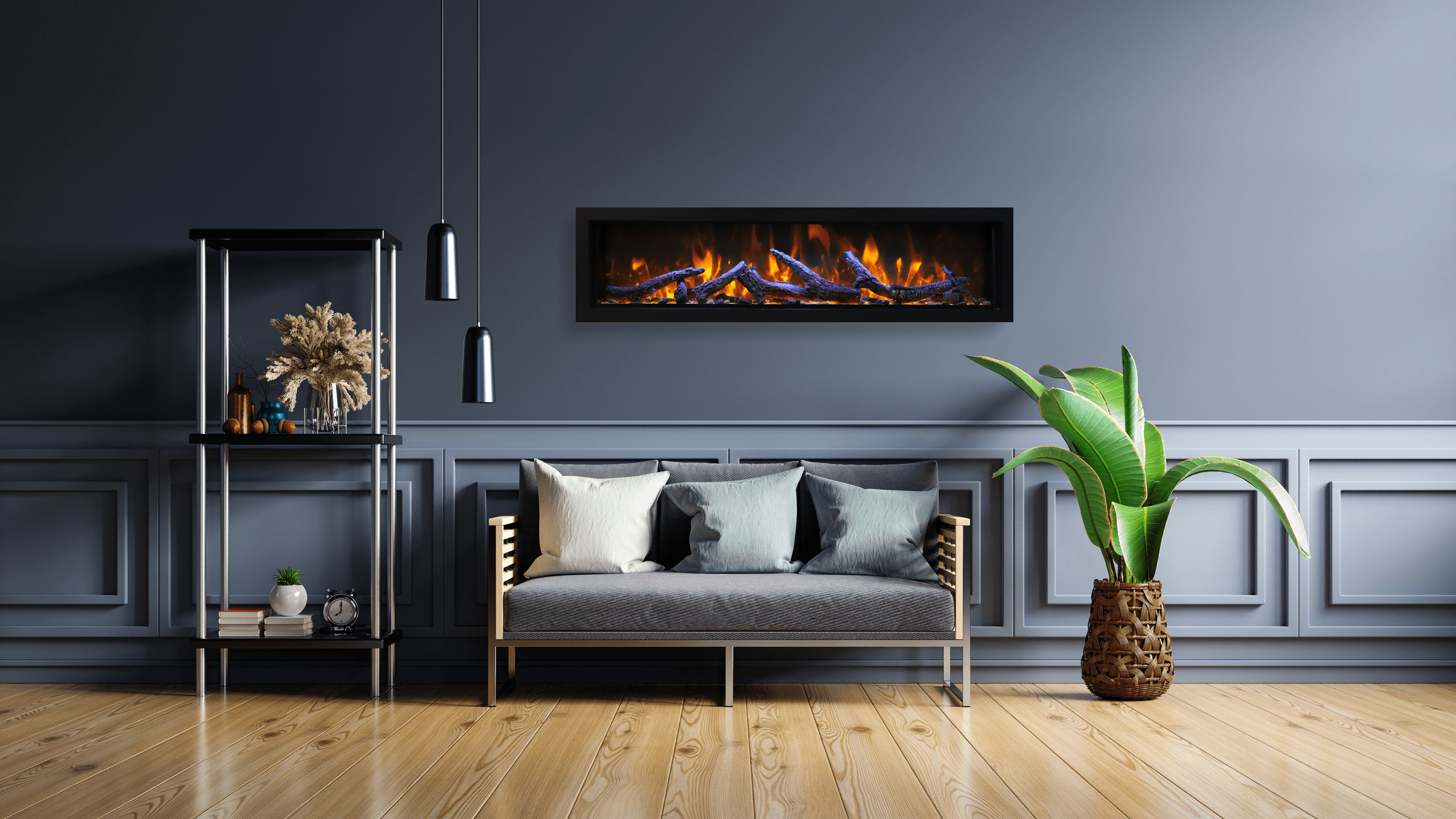 Panorama Deep & Xtra Tall Full View Smart Electric  - 88" Indoor /Outdoor WiFi Enabled  Fireplace, featuring a MultiFunction Remote, Multi Speed Flame Motor, Glass Media & a Black Trim