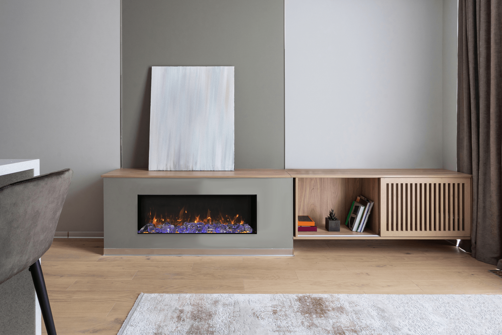 Panorama Slim Full View Smart Electric  - 88" Indoor /Outdoor WiFi Enabled Fireplace, featuring a MultiFunction Remote, Multi Speed Flame Motor, Glass Media & a Black Trim