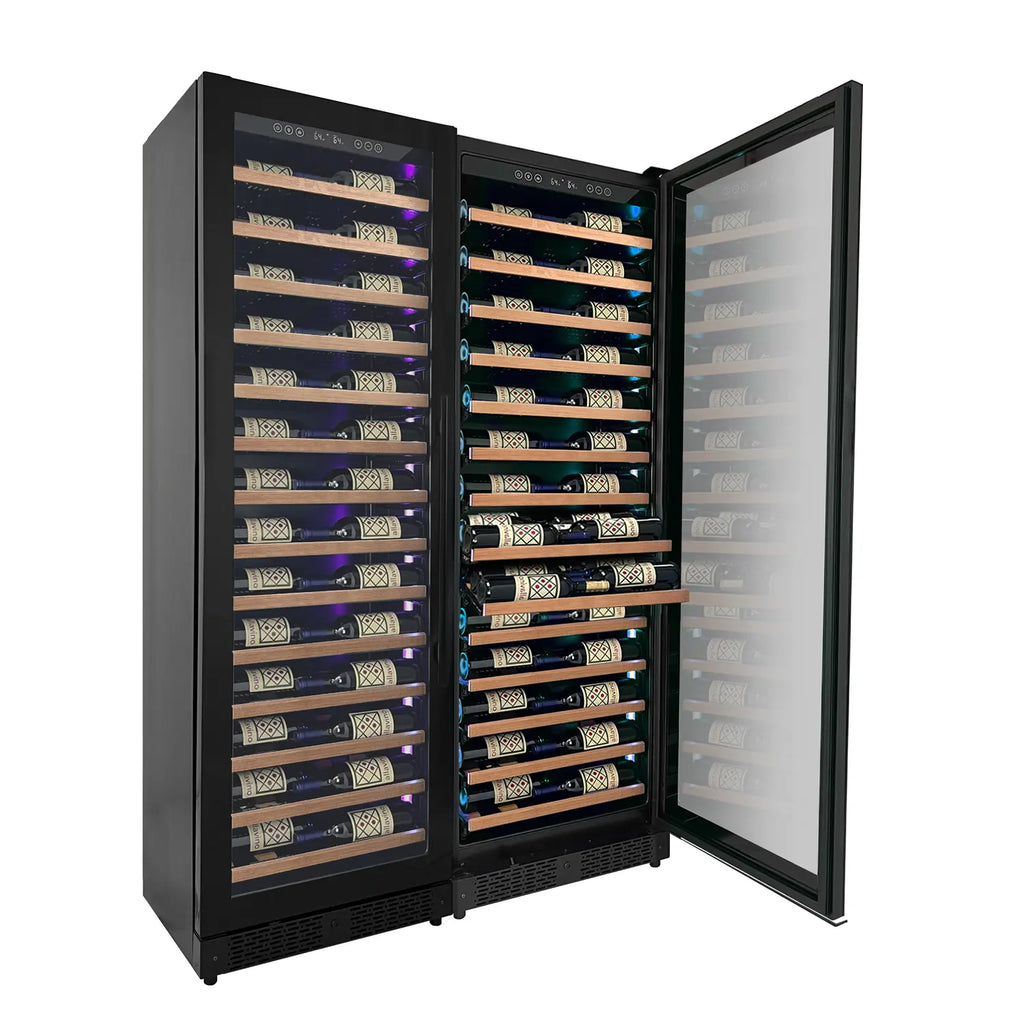Allavino Reserva Series 134 Bottle Dual Zone Black Side-by-Side Shallow Wine Refrigerator with Wood Front Shelves