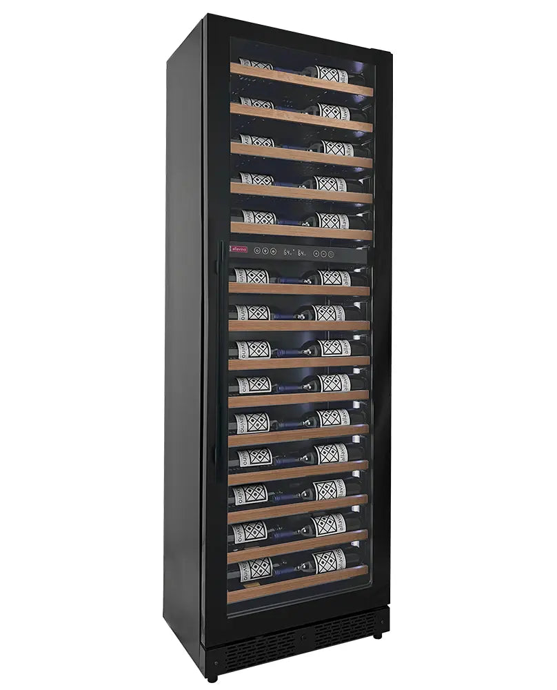 Allavino Reserva Series 67 Bottle 71" Tall Dual Zone Right Hinge Black Shallow Wine Refrigerator with Wood Front Shelves