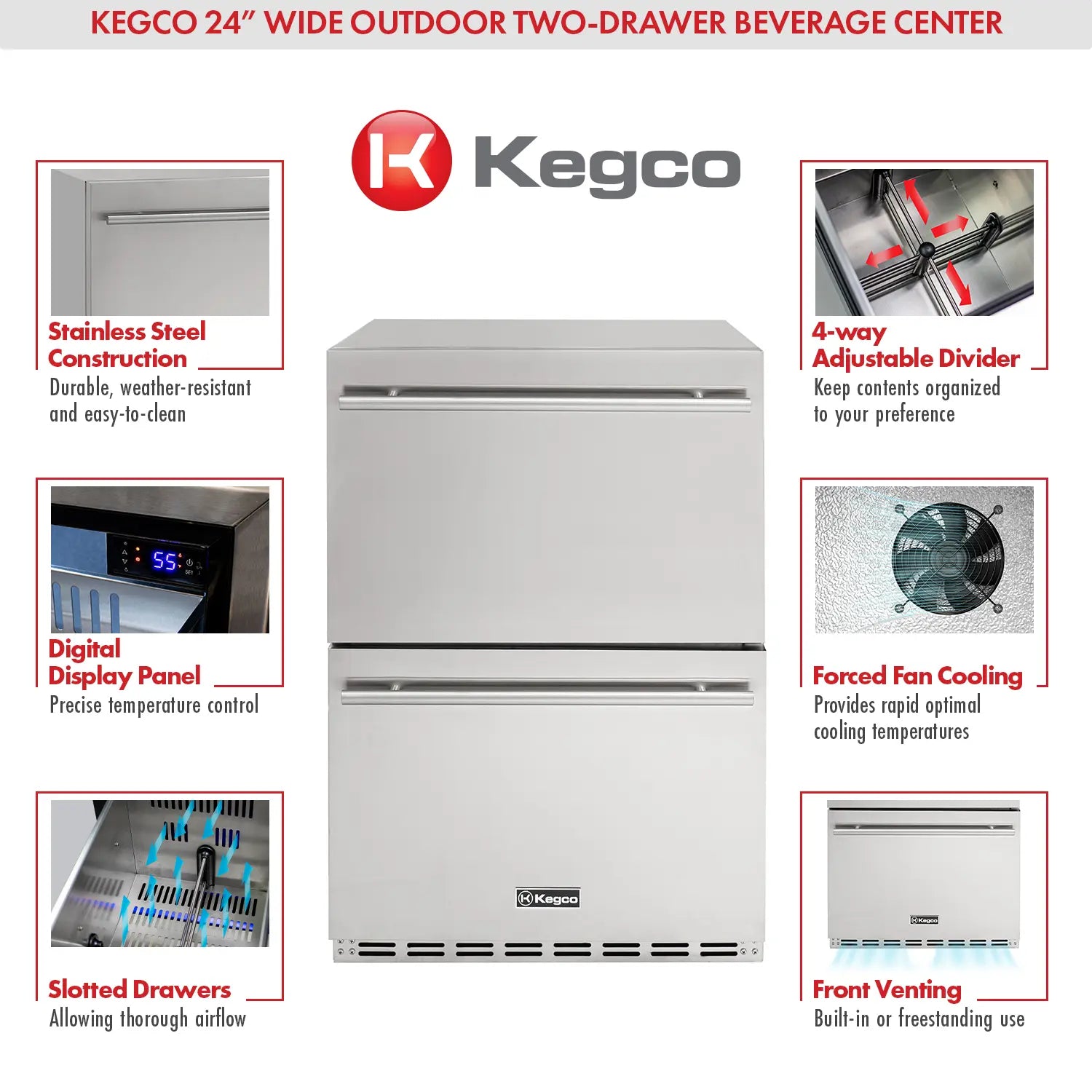 Kegco 24-Inch Outdoor Two-Drawer All Stainless Steel Commercial Refrigerator