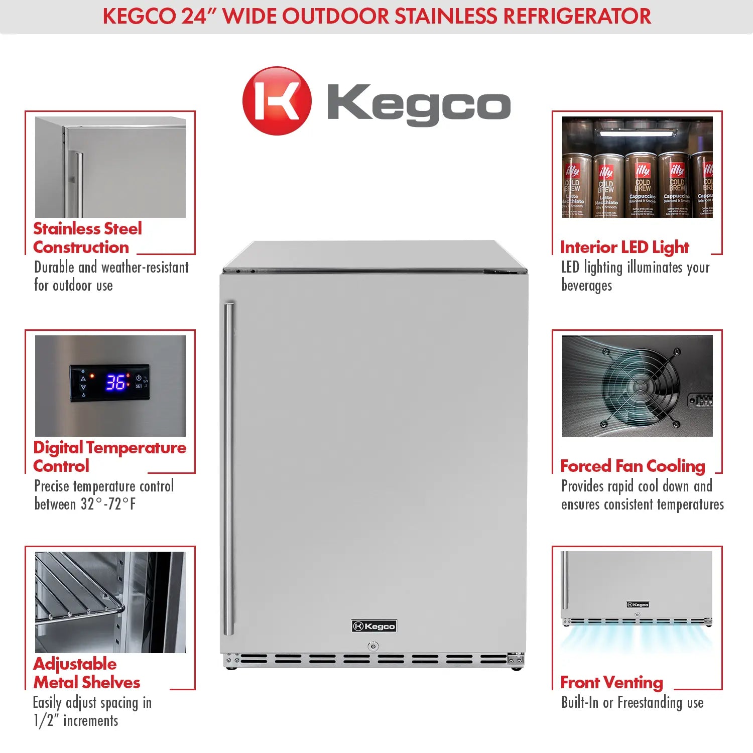 Kegco 24-Inch Outdoor All-Stainless Steel Commercial Built-In Refrigerator