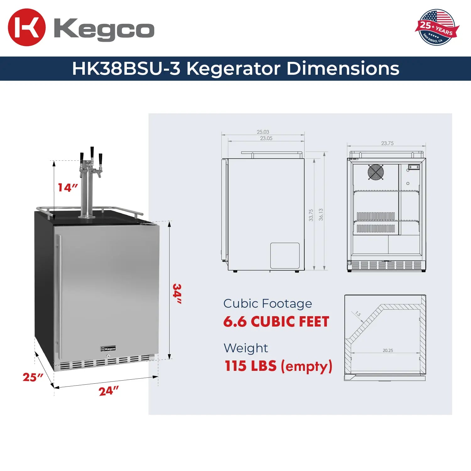 Kegco 24-Inch Triple Faucet Built-In Kegerator - Indoor