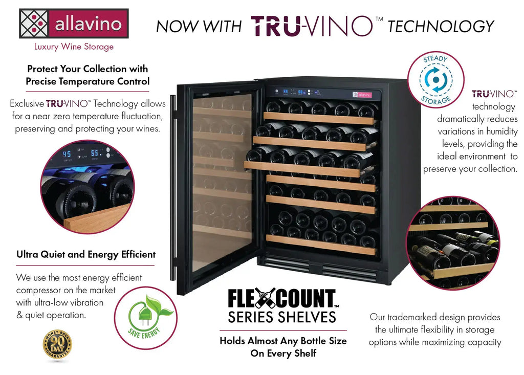 Allavino FlexCount Series 56 Bottle Single Zone Built-in Wine Refrigerator with Black Door - Left Hinge