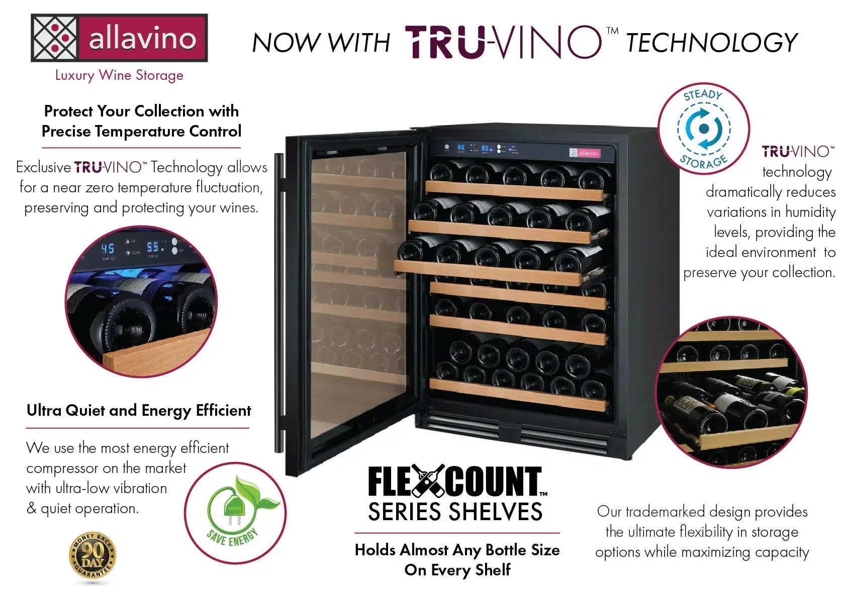 Allavino FlexCount Series 56 Bottle Single Zone Built-in Wine Refrigerator with Black Door - Left Hinge