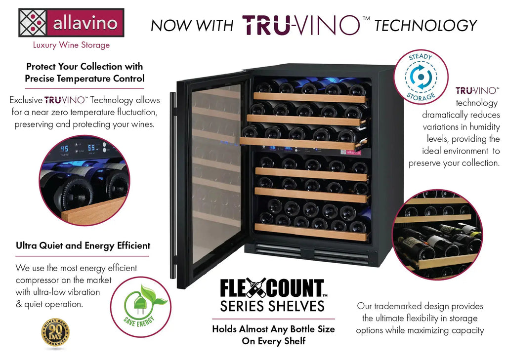 Allavino FlexCount Series 56 Bottle Dual Zone Undercounter Wine Refrigerator with Black Door - Left Hinge