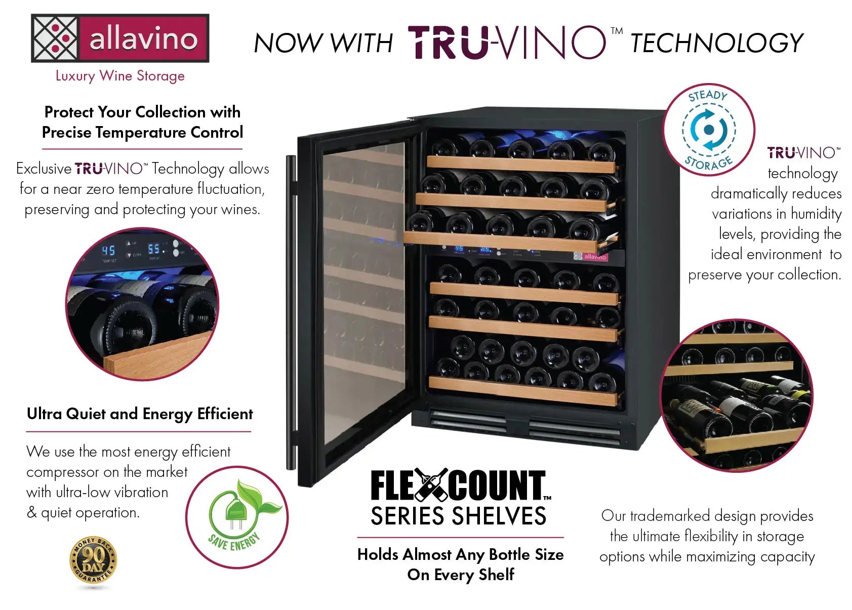 Allavino FlexCount Series 56 Bottle Dual Zone Undercounter Wine Refrigerator with Black Door - Left Hinge