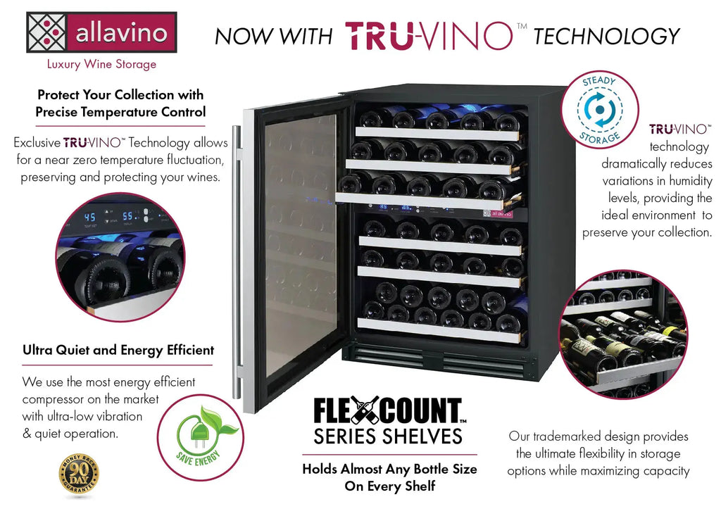 Allavino FlexCount Series 56 Bottle Dual Zone Built-in Wine Refrigerator Cooler with Stainless Steel - Left Hinge