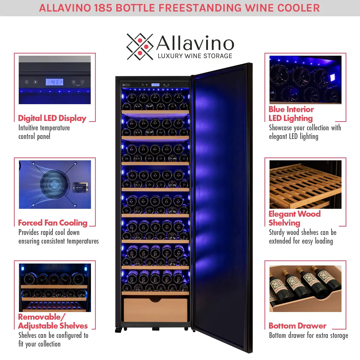 Allavino 185 Bottle Single Zone Wine Vault with Solid Black Right Hinge Door