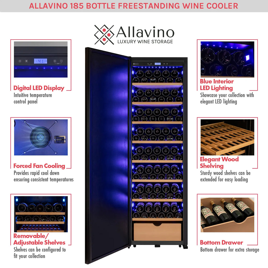 Allavino 185 Bottle Single Zone Wine Vault with Solid Black Left Hinge Door