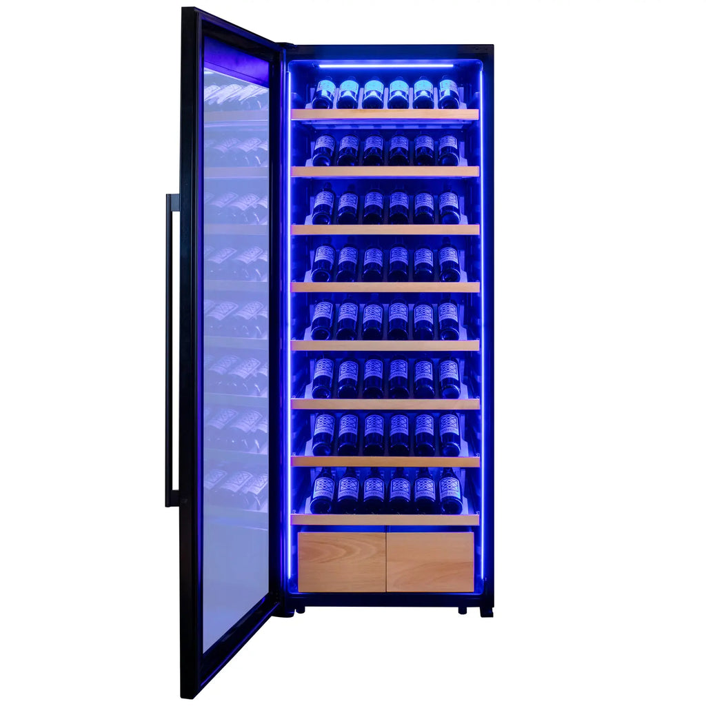 Allavino 248 Bottle Single Zone Freestanding Wine Refrigerator with Display Shelving and Black Glass Door - Left Hinge