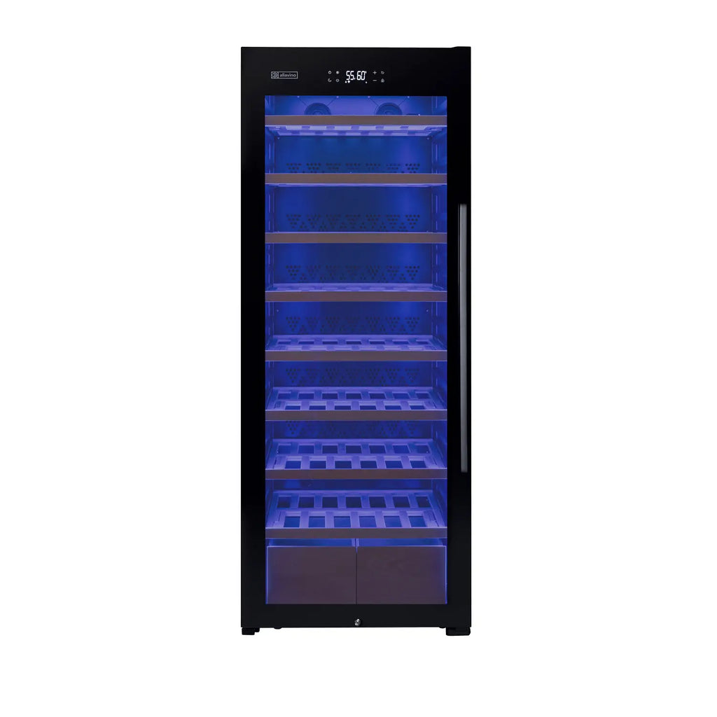 Allavino 248 Bottle Single Zone Freestanding Wine Refrigerator with Display Shelving and Black Glass Door - Right Hinge