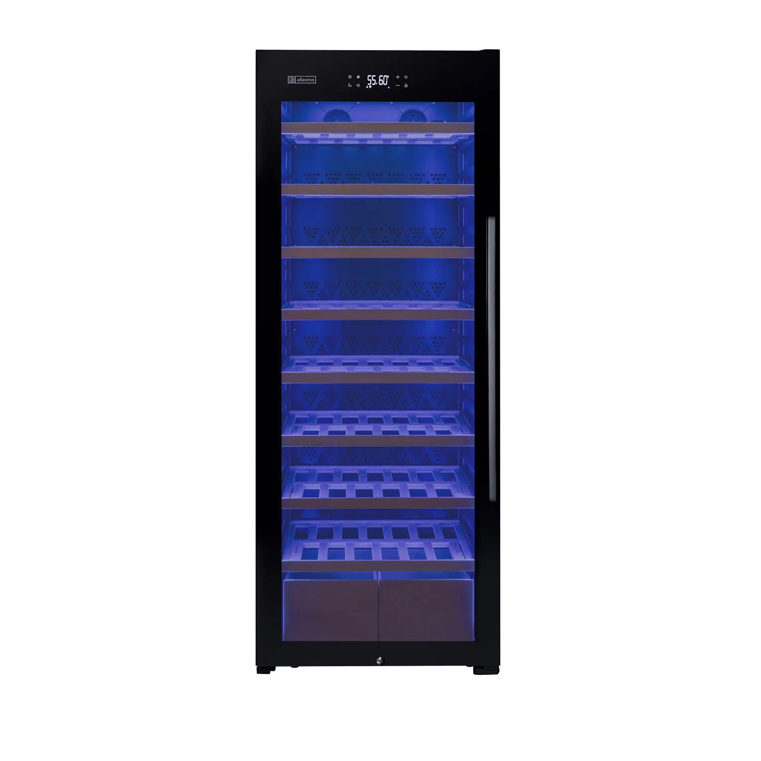 Allavino 248 Bottle Single Zone Freestanding Wine Refrigerator with Display Shelving and Black Glass Door - Right Hinge