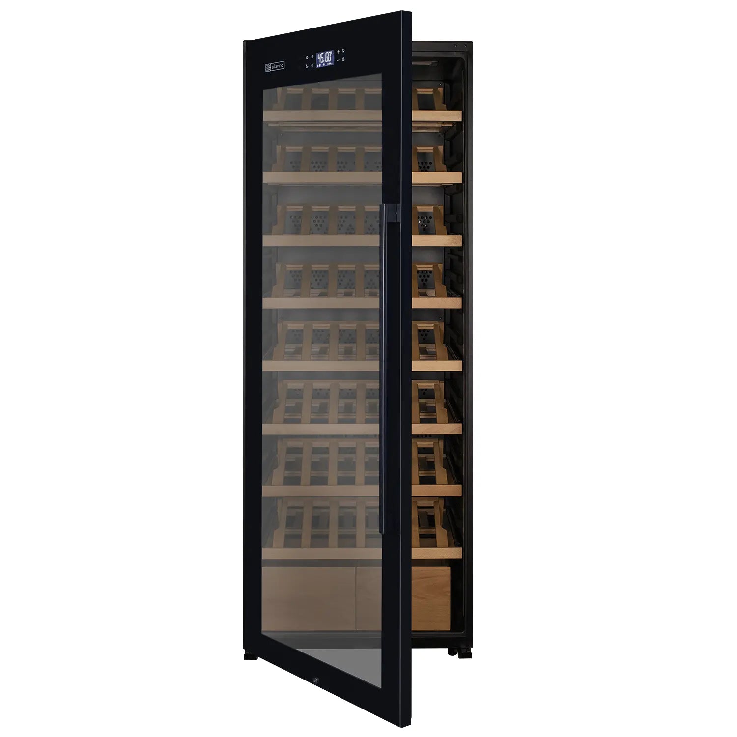 Allavino 248 Bottle Single Zone Freestanding Wine Refrigerator with Display Shelving and Black Glass Door - Right Hinge