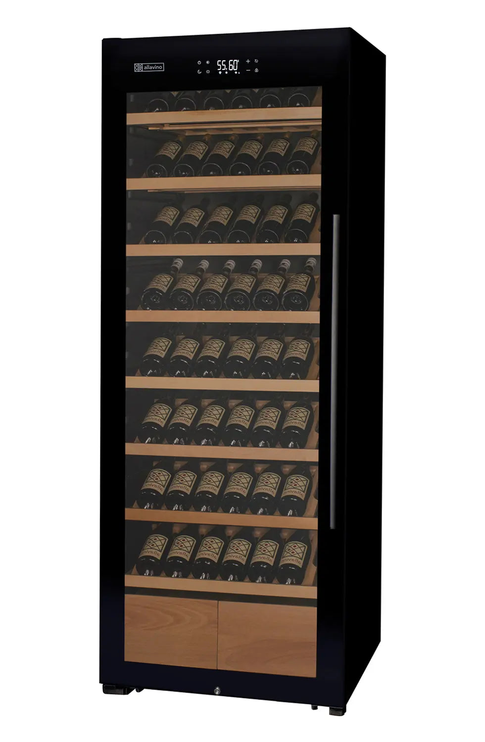 Allavino 248 Bottle Single Zone Freestanding Wine Refrigerator with Display Shelving and Black Glass Door - Right Hinge