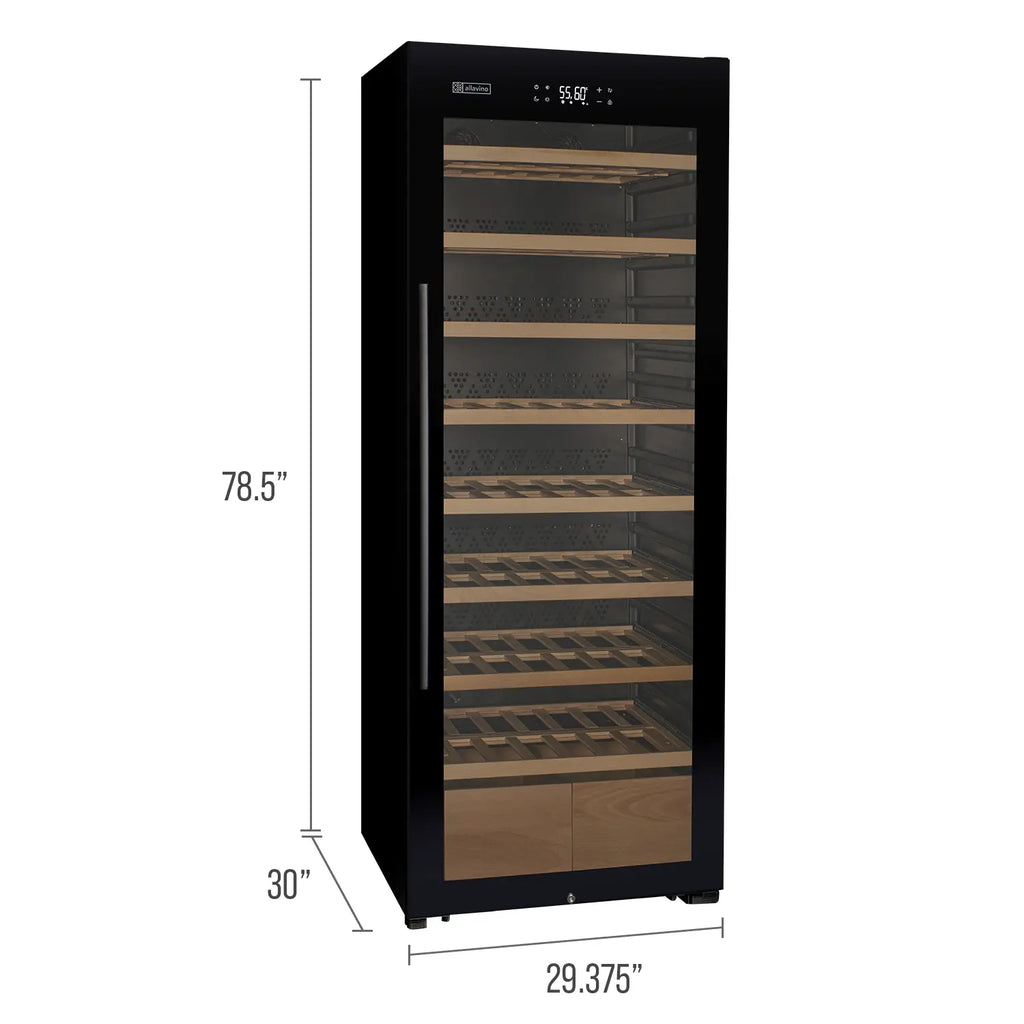Allavino 248 Bottle Single Zone Freestanding Wine Refrigerator with Display Shelving and Black Glass Door - Right Hinge