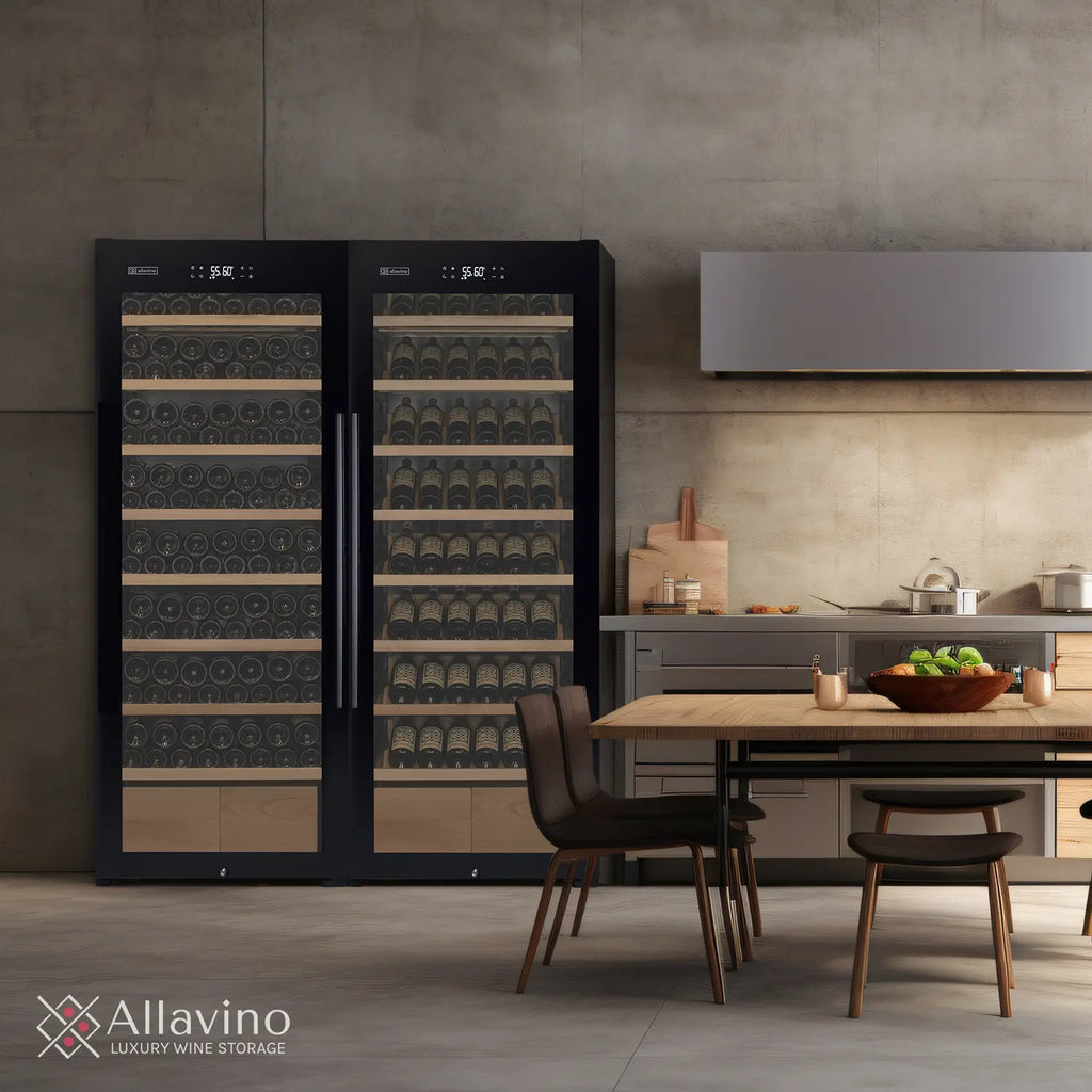 Allavino 248 Bottle Single Zone Freestanding Wine Refrigerator with Display Shelving and Black Glass Door - Left Hinge