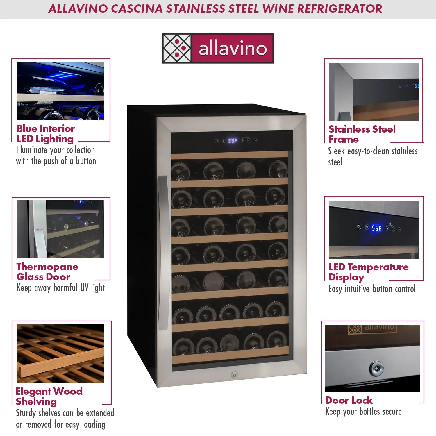 Allavino Cascina Series 50 Bottle Single Zone Freestanding Wine Cooler Refrigerator with Stainless Steel Door