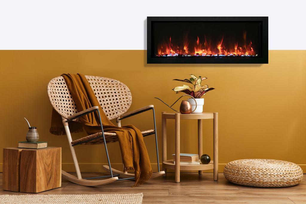 Panorama Xtraslim Lumina  - 50" Indoor /Outdoor Built In Full View Smart Electric Fireplace, WiFi Enabled, Programable Remote Control, Multi Flame Speeds, Comes with Glass, Oak Logs, Glowing Log Media and a Black Trim