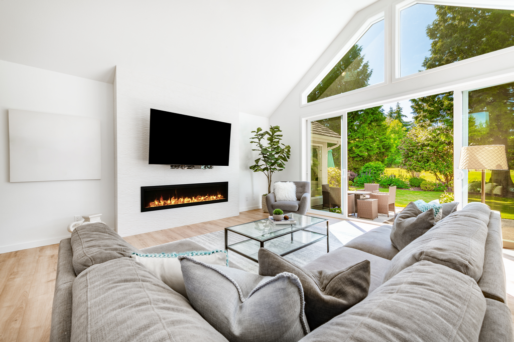 Symmetry Bespoke - 74" Indoor / Outdoor Electric Built In Fireplace featuring, WiFi Compatibilty & Bluetooth Connectivity, MultiFunction Remote, and a Selection of Media Options