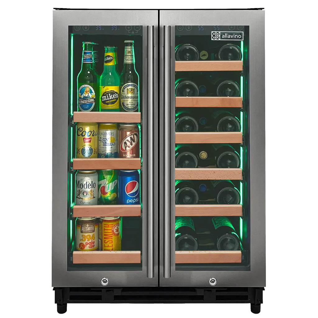 Allavino Reserva Series 24" Wide Two Door Stainless Steel Wine Refrigerator/Beverage Center with Wood Front Shelves