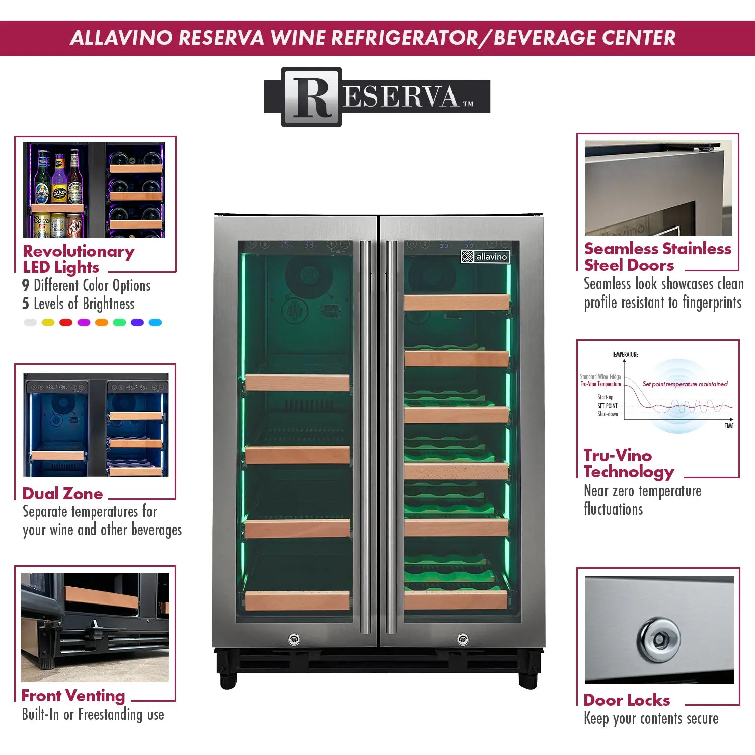 Allavino Reserva Series 24" Wide Two Door Stainless Steel Wine Refrigerator/Beverage Center with Wood Front Shelves