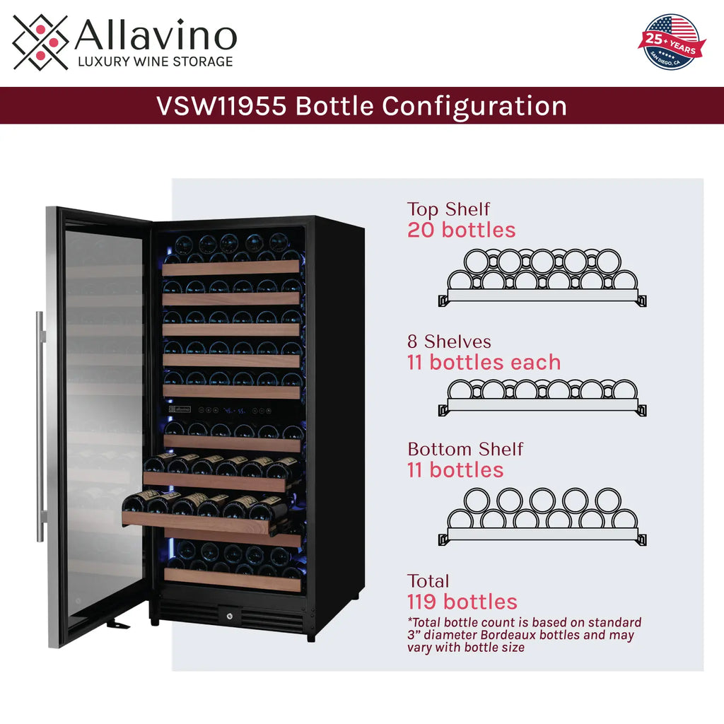 Allavino 119 Bottle 55" Tall Dual Zone Left Hinge Stainless Steel Wine Refrigerator