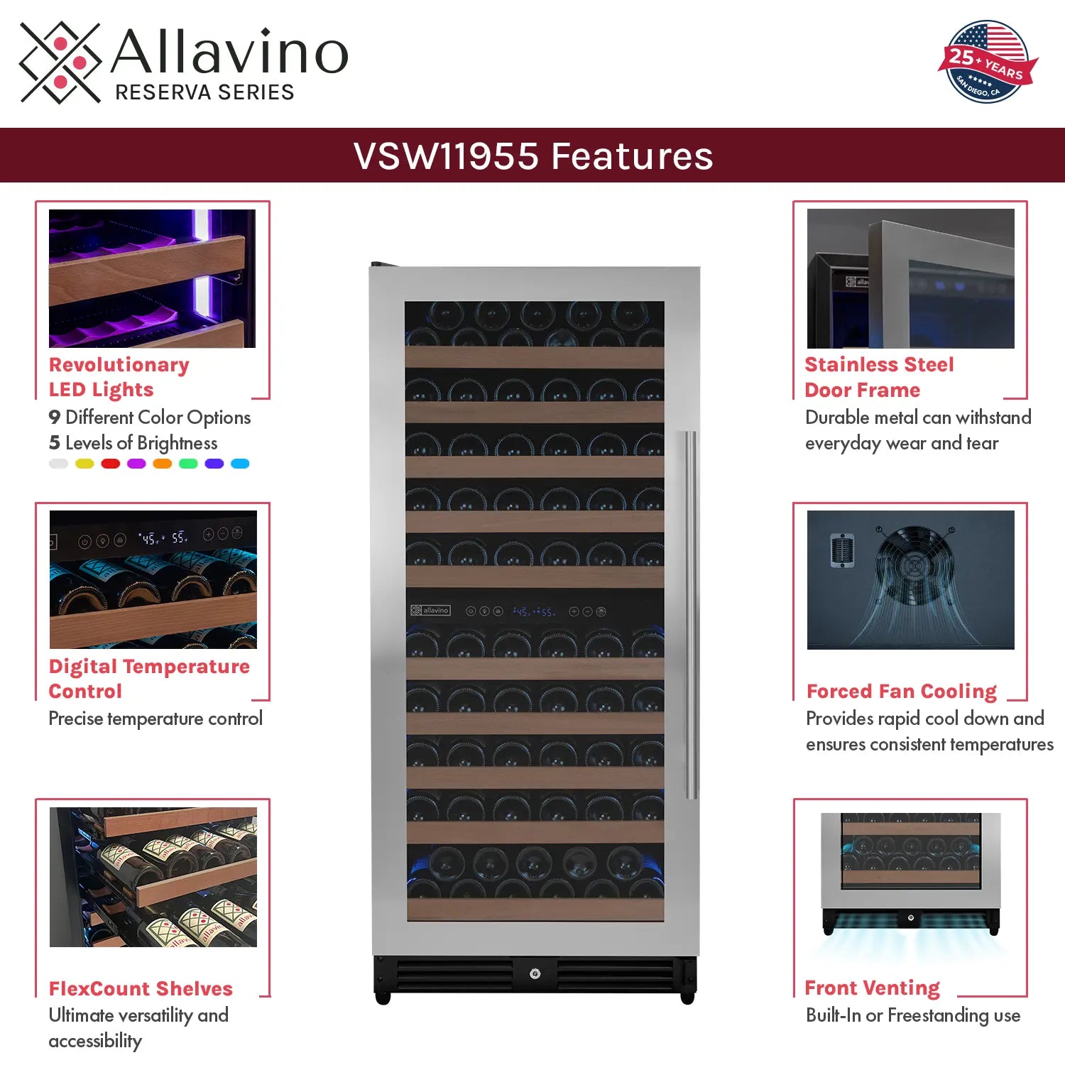 Allavino 119 Bottle 55" Tall Dual Zone Left Hinge Stainless Steel Wine Refrigerator