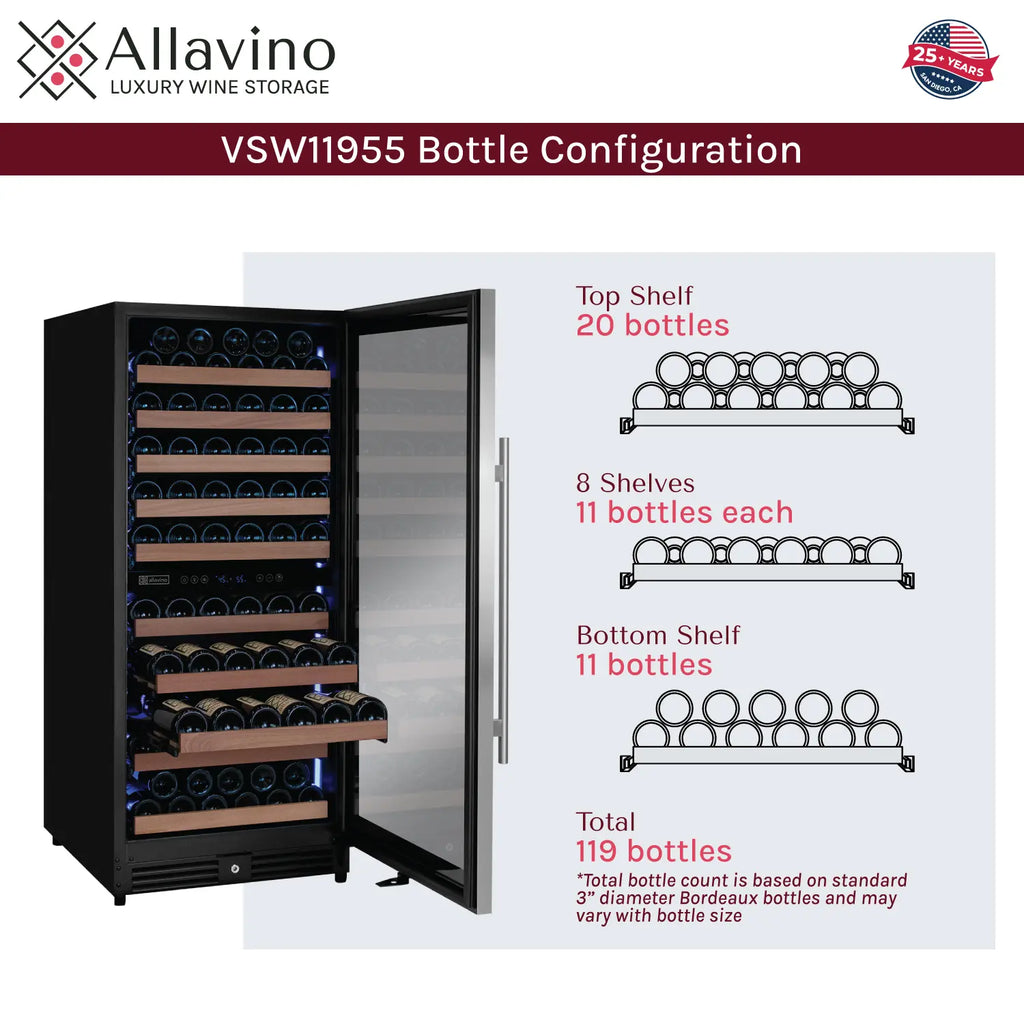 Allavino 119 Bottle 55" Tall Dual Zone Right Hinge Stainless Steel Wine Refrigerator