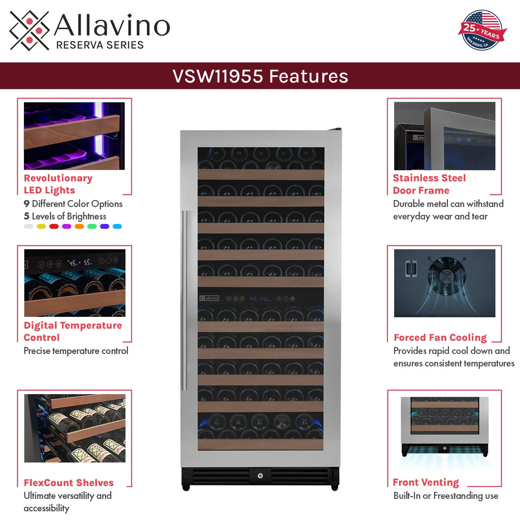 Allavino 119 Bottle 55" Tall Dual Zone Right Hinge Stainless Steel Wine Refrigerator
