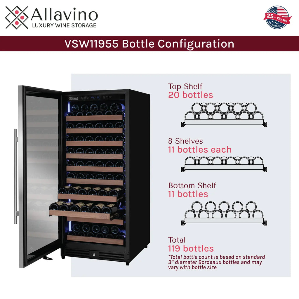 Allavino 119 Bottle 55" Tall Single Zone Left Hinge Stainless Steel Wine Refrigerator