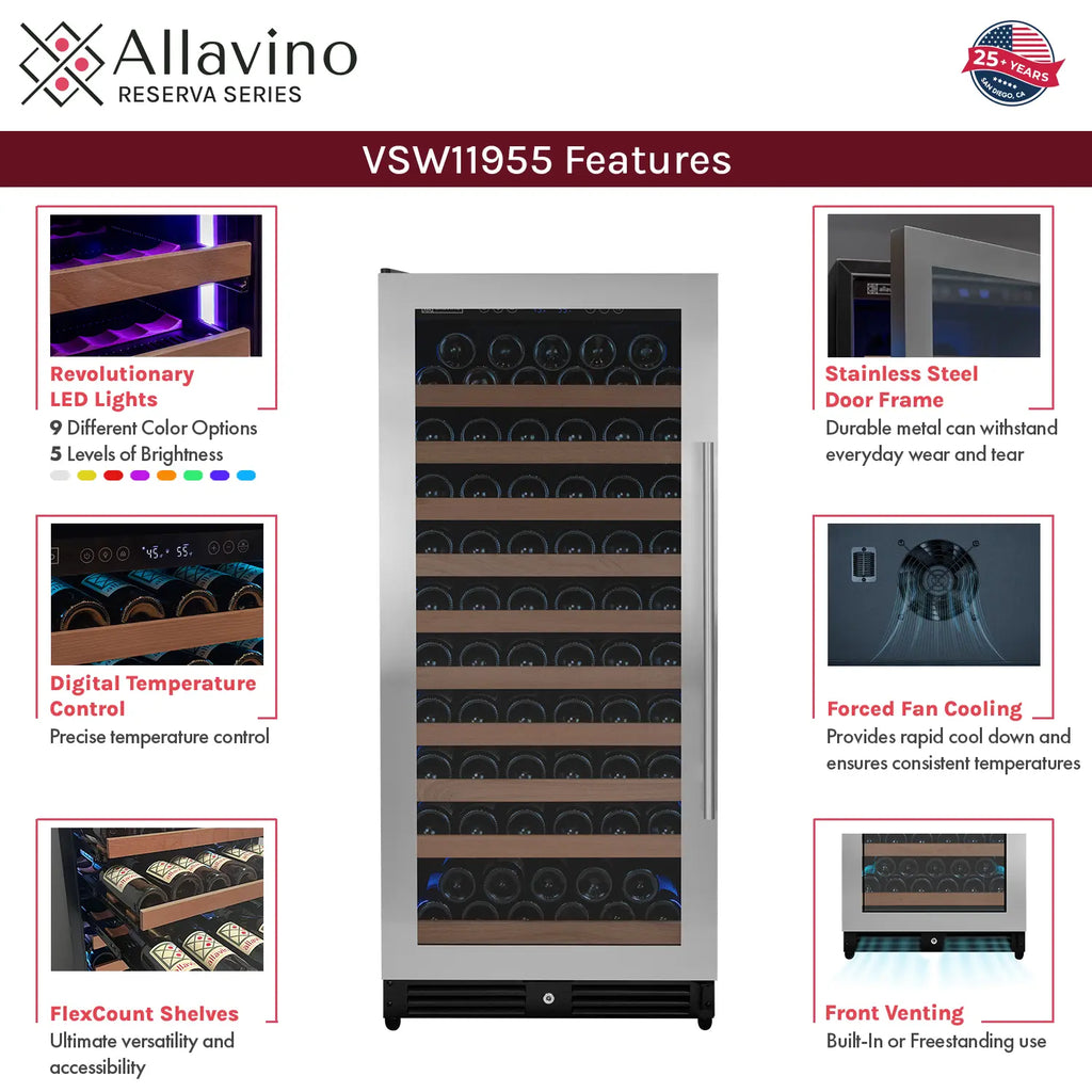 Allavino 119 Bottle 55" Tall Single Zone Left Hinge Stainless Steel Wine Refrigerator