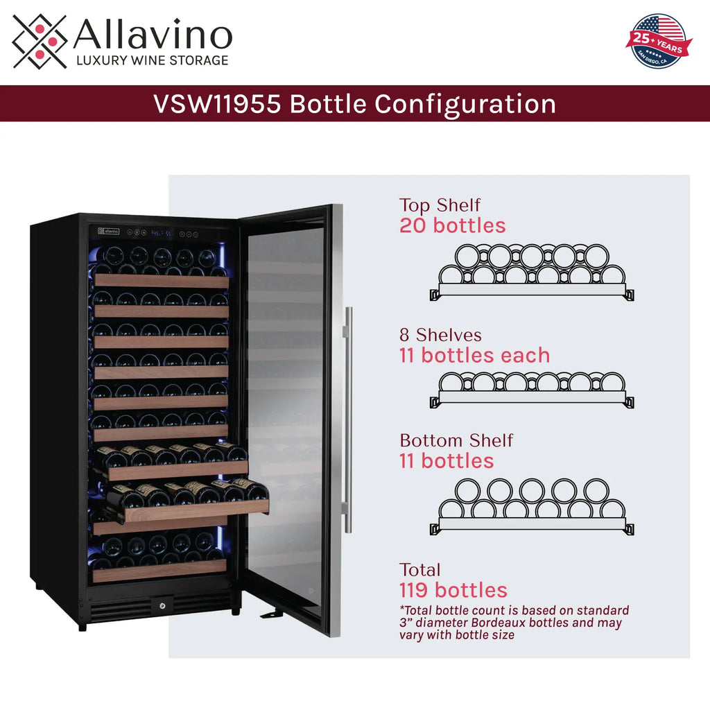 Allavino 119 Bottle 55" Tall Single Zone Right Hinge Stainless Steel Wine Refrigerator
