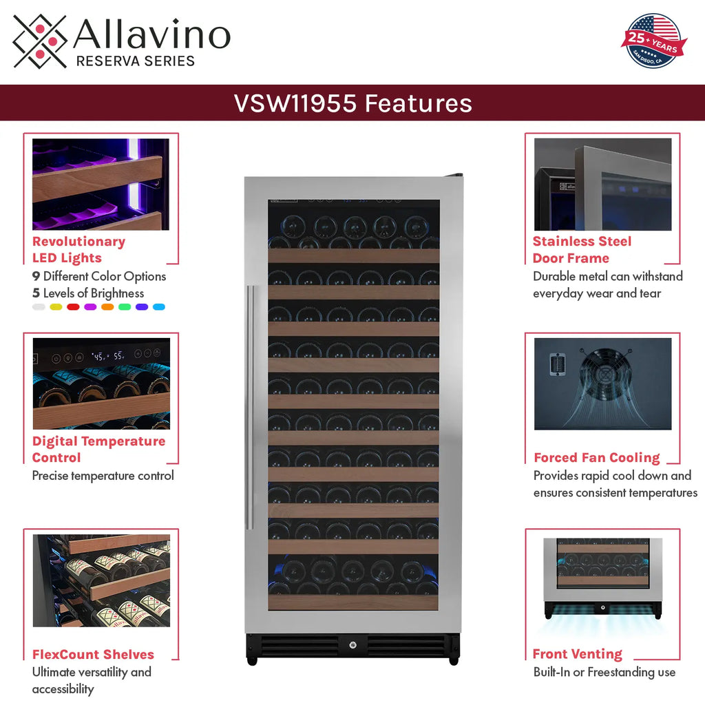 Allavino 119 Bottle 55" Tall Single Zone Right Hinge Stainless Steel Wine Refrigerator