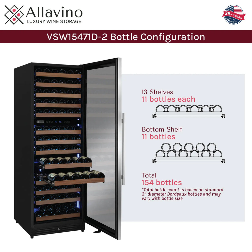 Allavino Reserva Series 154 Bottle Dual Zone Built-in Wine Refrigerator with Stainless Steel Door - Right Hinge