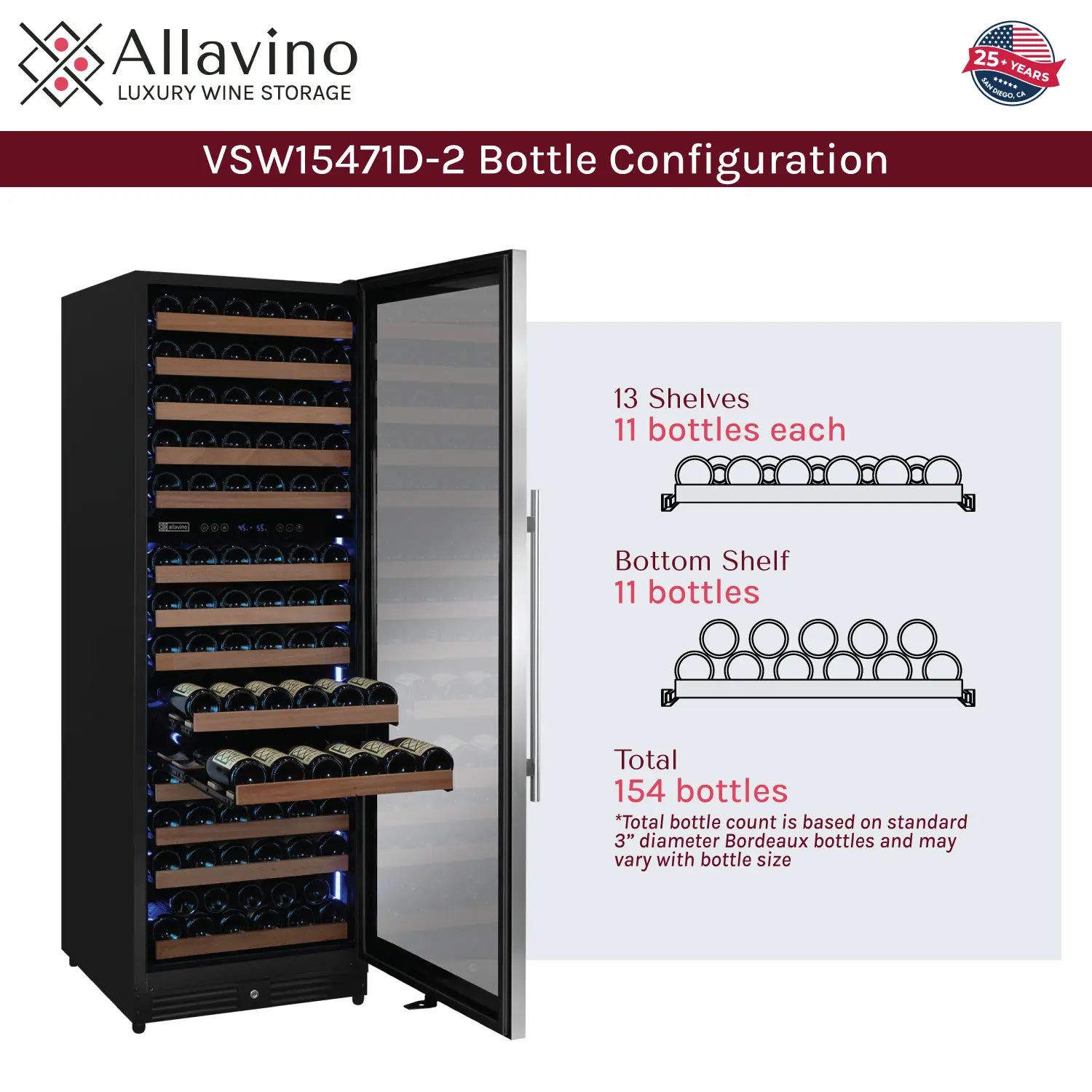 Allavino Reserva Series 154 Bottle Dual Zone Built-in Wine Refrigerator with Stainless Steel Door - Right Hinge